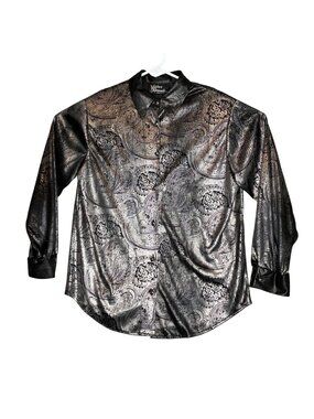 Silver Threads Metallic Paisley Button-Up Shirt Small Black & Silver Long Sleeve